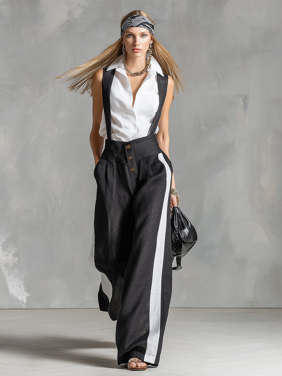Stylish Urban Detachable Strap Black Cotton And Linen Wide-leg Jumpsuit