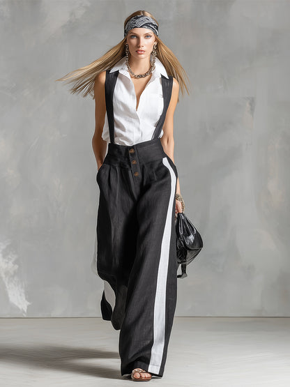 Stylish Urban Detachable Strap Black Cotton And Linen Wide-leg Jumpsuit