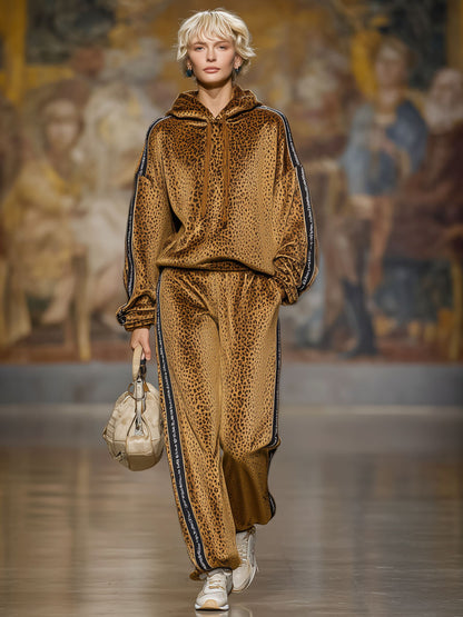 Loose-fitting Velvet Leopard Print Hoodie And Casual Pants Set