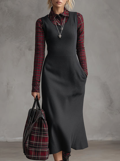 Retro Preppy Style Sporty Dark Gray Sweatshirt Patchwork Red Plaid Midi Dress