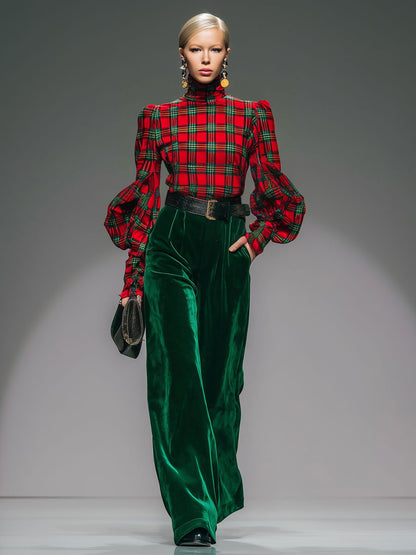 Trendy Retro Plaid Velvet Turtleneck Long-sleeved T-shirt And Wide-leg Pants Set
