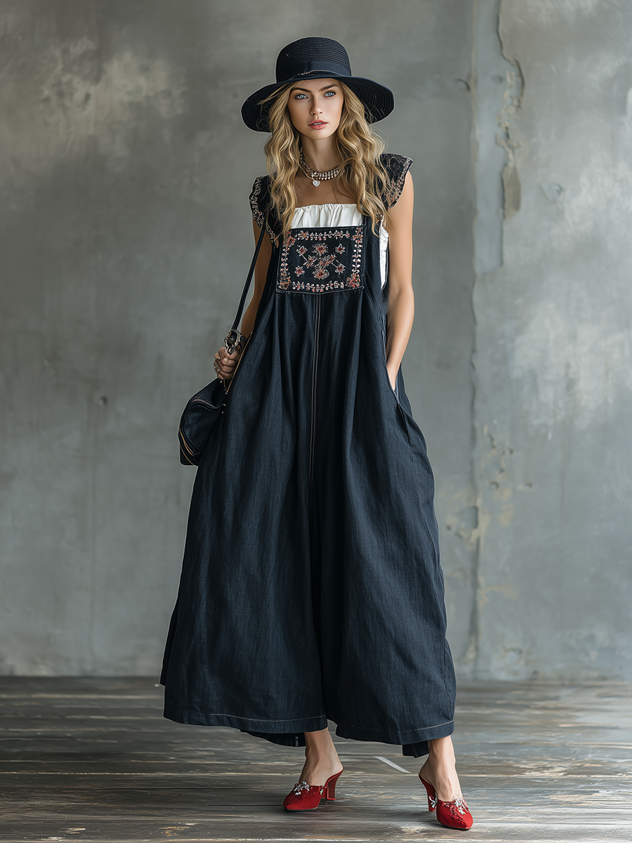 Retro Bohemian Embroidered Suspender Dark Blue Maxi Dress