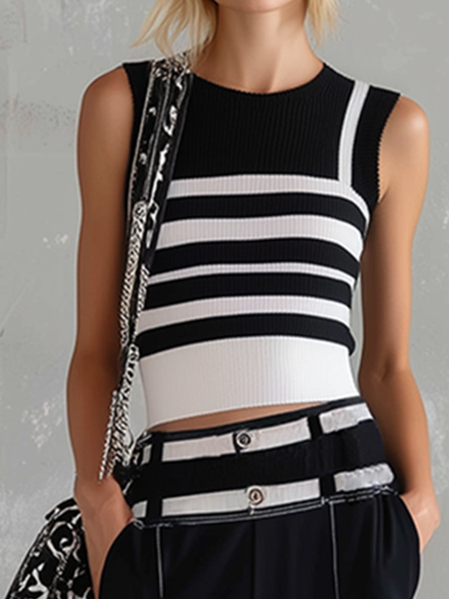 Stylish Sporty Black Striped Knit Vest Cotton Wide-Leg Pants Set