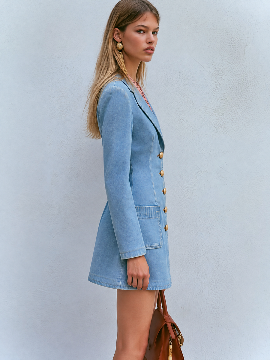 Light Wash Denim Blazer Mini Dress With Gold Buttons