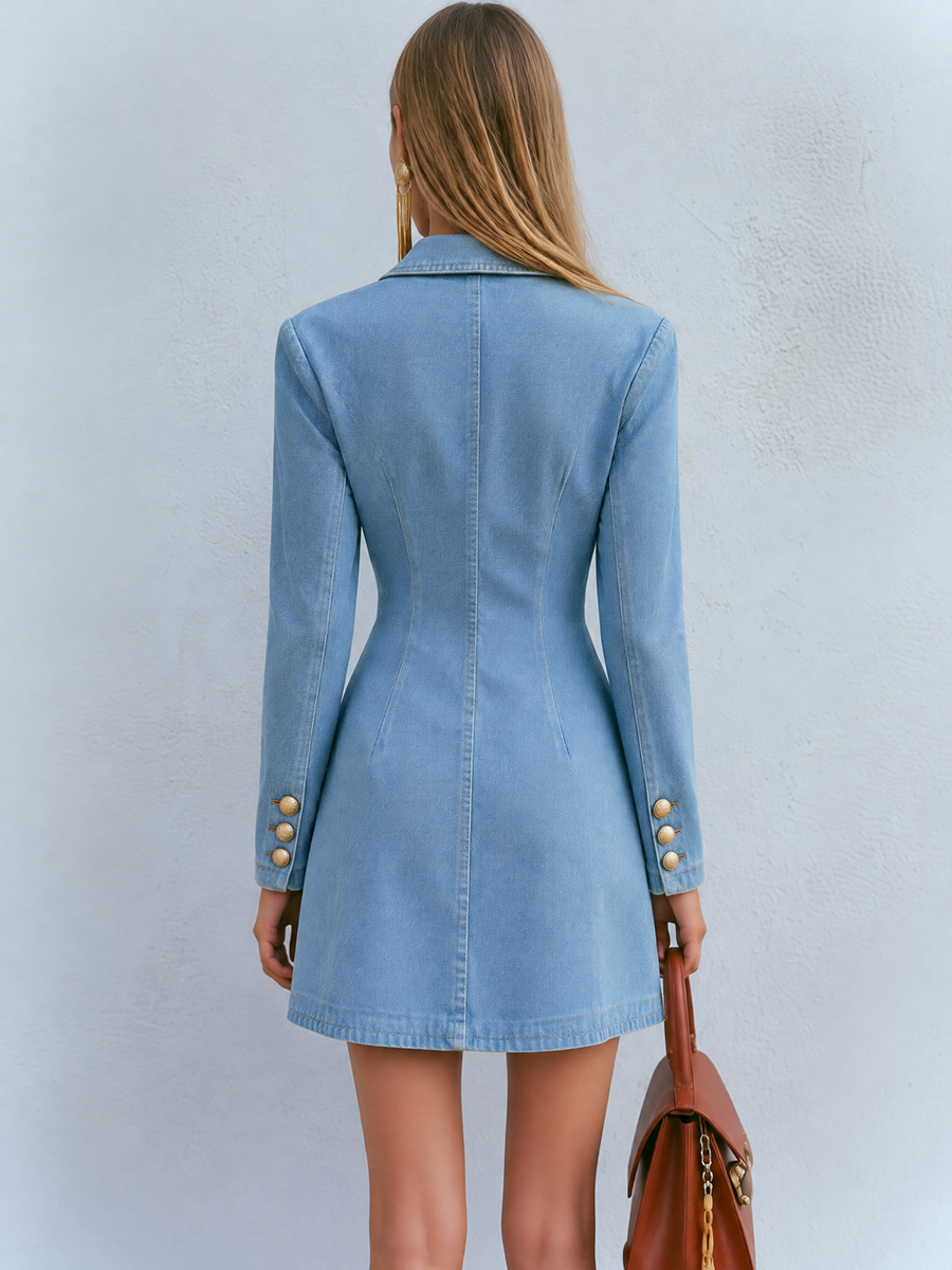 Light Wash Denim Blazer Mini Dress With Gold Buttons