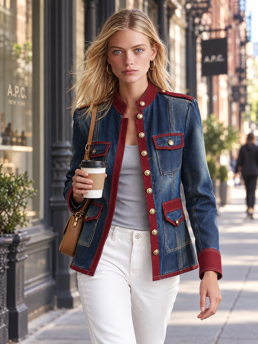 Women’s Military Denim Jacket With Burgundy Trim And Gold Buttons