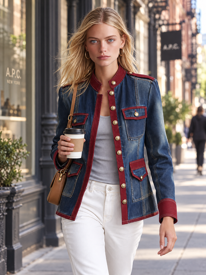Women’s Military Denim Jacket With Burgundy Trim And Gold Buttons