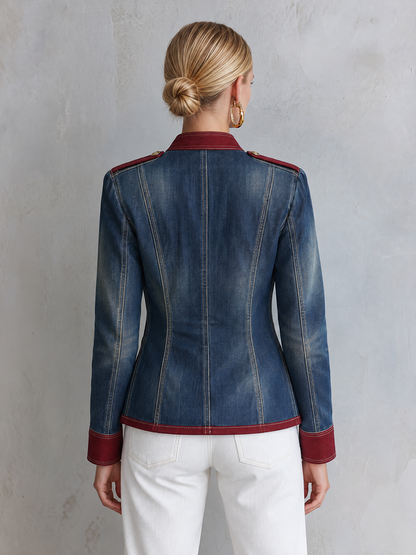 Women’s Military Denim Jacket With Burgundy Trim And Gold Buttons