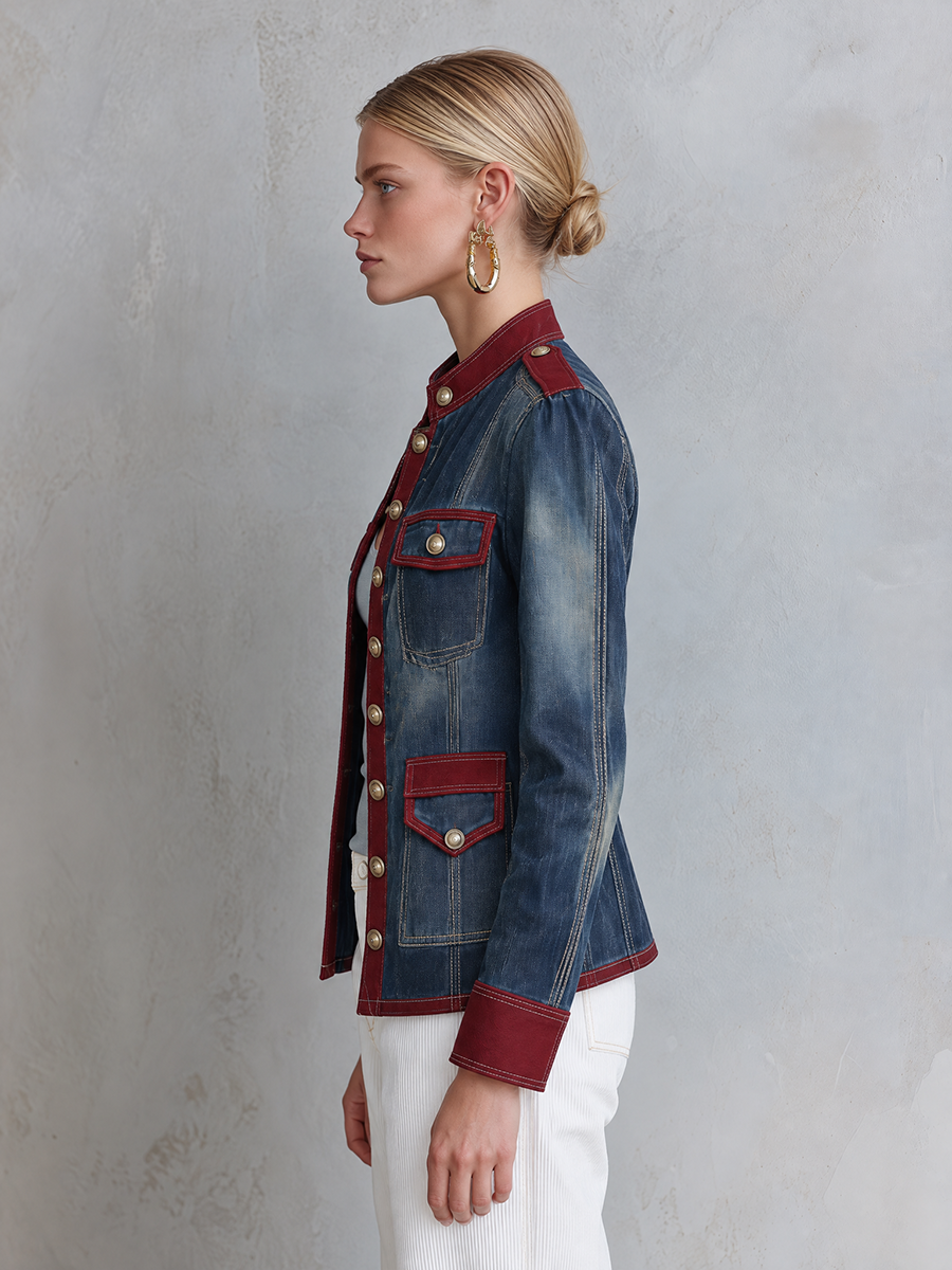 Women’s Military Denim Jacket With Burgundy Trim And Gold Buttons