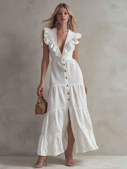 Stylish And Elegant White Sleeveless V-neck Ruffled Button Cotton Linen Maxi Dress