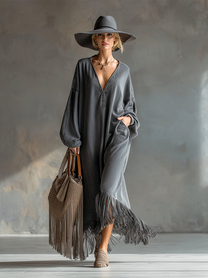 Elegant Silhouette Grey Denim Tassel Long Sleeve Maxi Dress