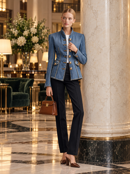 Tailored Denim Military Jacket With Stand Collar