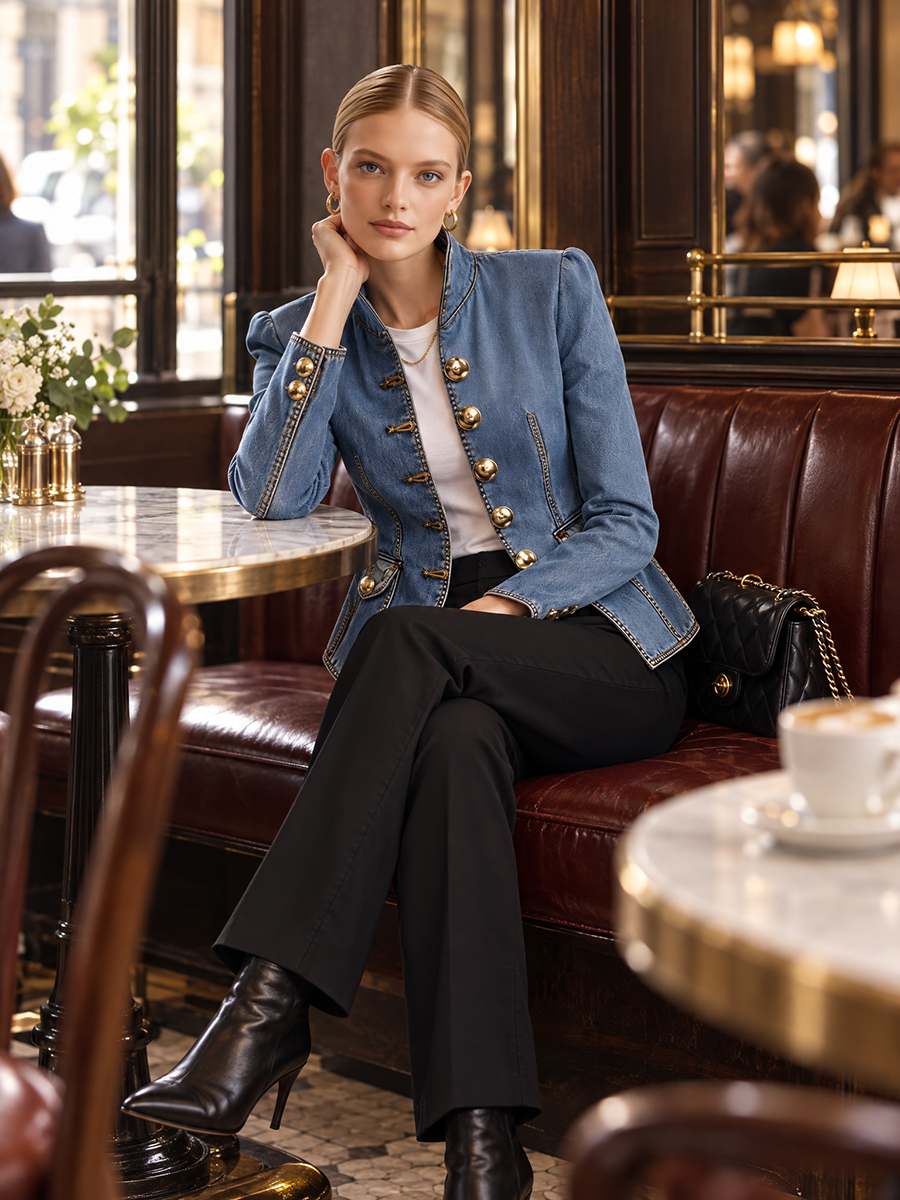 Tailored Denim Military Jacket With Stand Collar