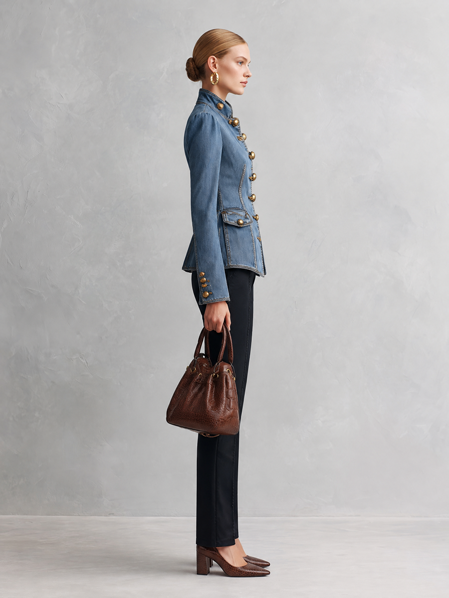 Tailored Denim Military Jacket With Stand Collar