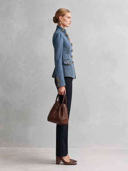 Tailored Denim Military Jacket With Stand Collar