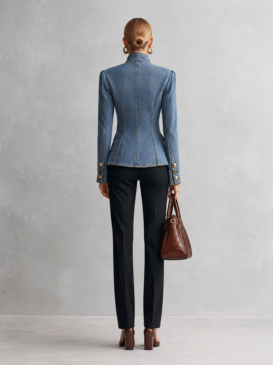 Tailored Denim Military Jacket With Stand Collar