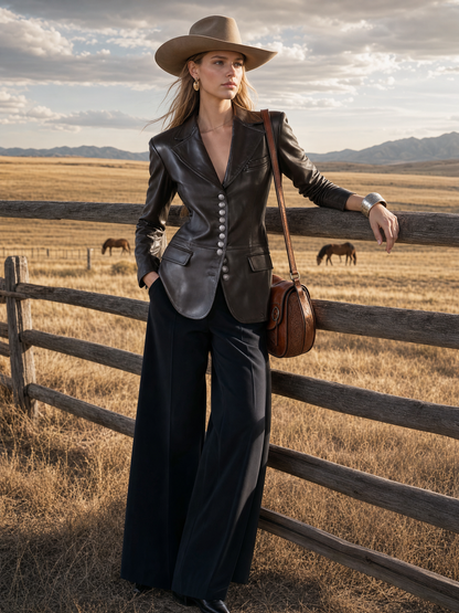 Equestrian Chocolate Brown Faux Leather Blazer Women Tailored Silver Button Fall Jacket