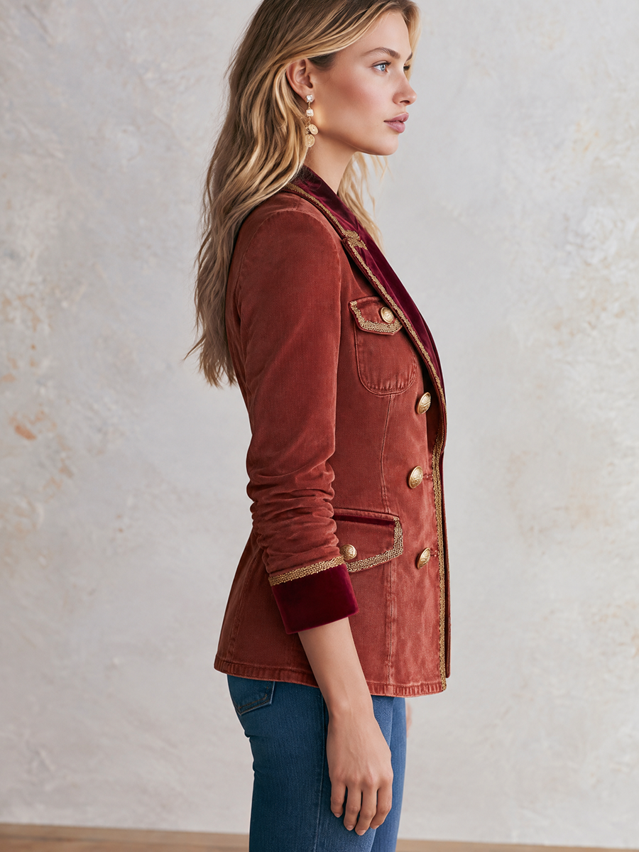 Rust Velvet Trim Military Blazer With Gold Buttons