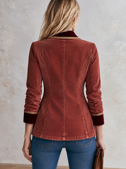 Rust Velvet Trim Military Blazer With Gold Buttons