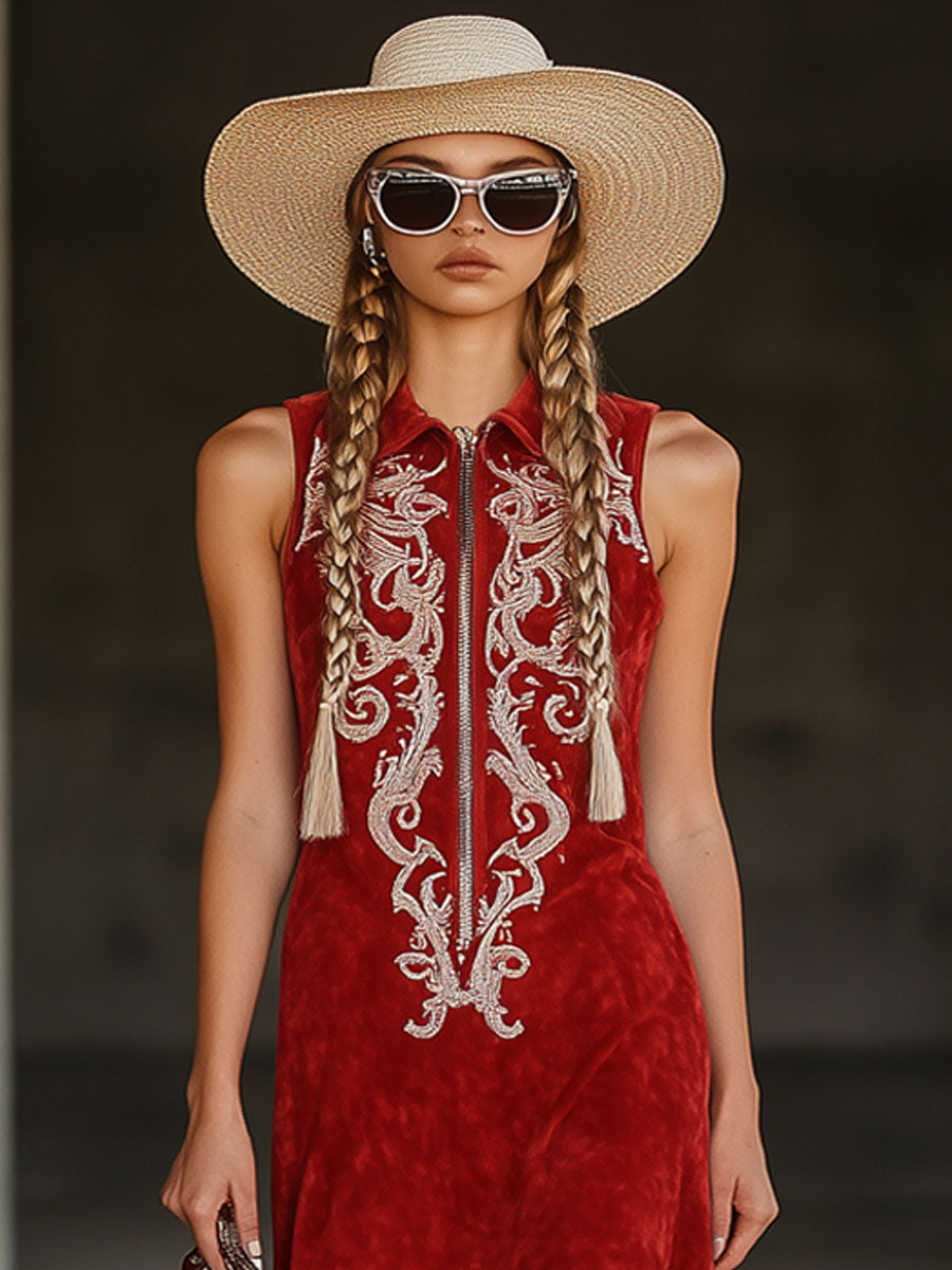 Fashion Resort Bohemian Embroidered Red Suede Tassel Sleeveless Midi Dress