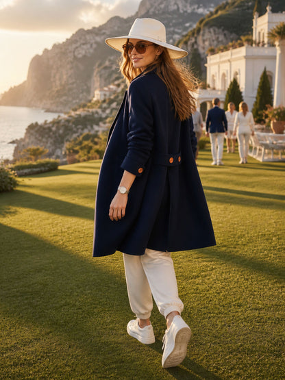 Casual And Comfortable Orange-buttoned Navy Blue Coat