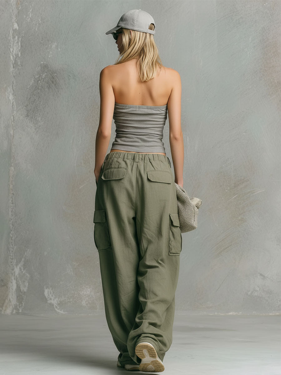 Retro Casual Gray Strapless Cotton-linen Top And Green Cargo Pants Set