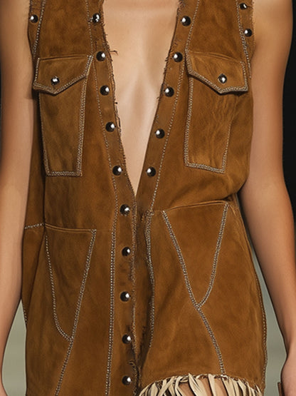 Casual Loose Vintage Camel Suede Rivet Vest Tassel Mini Dress