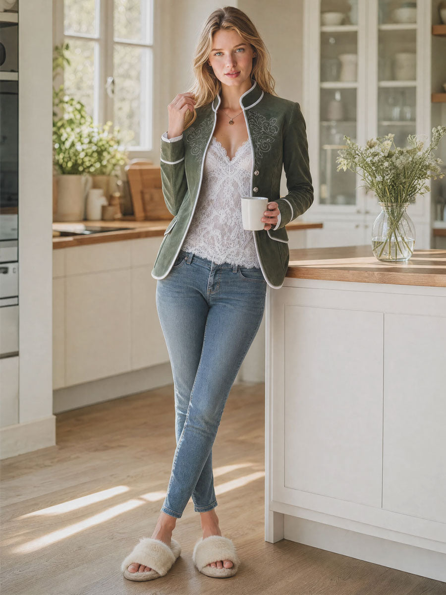Vintage-style Color-blocked Trim And Embroidered Olive Green Faux Suede Jacket