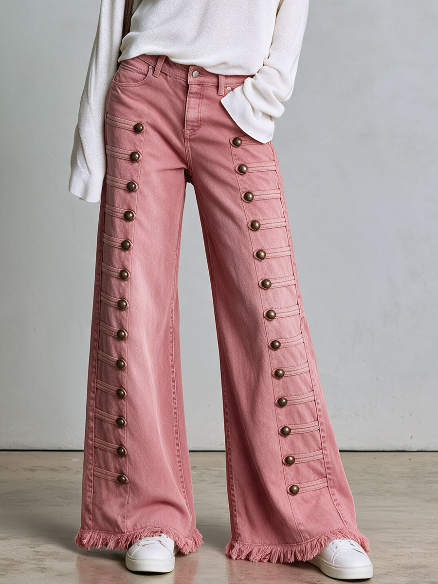 Vintage Button-down Washed Pink Flared Frayed Jeans