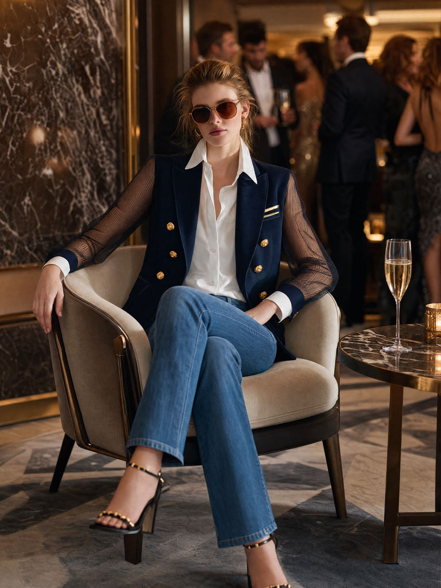 Simple And Stylish Navy Blue Chiffon Sleeve Blazer