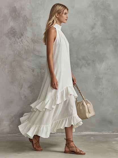 Retro-elegant White Sleeveless Ruffled Cotton-linen Midi Dress