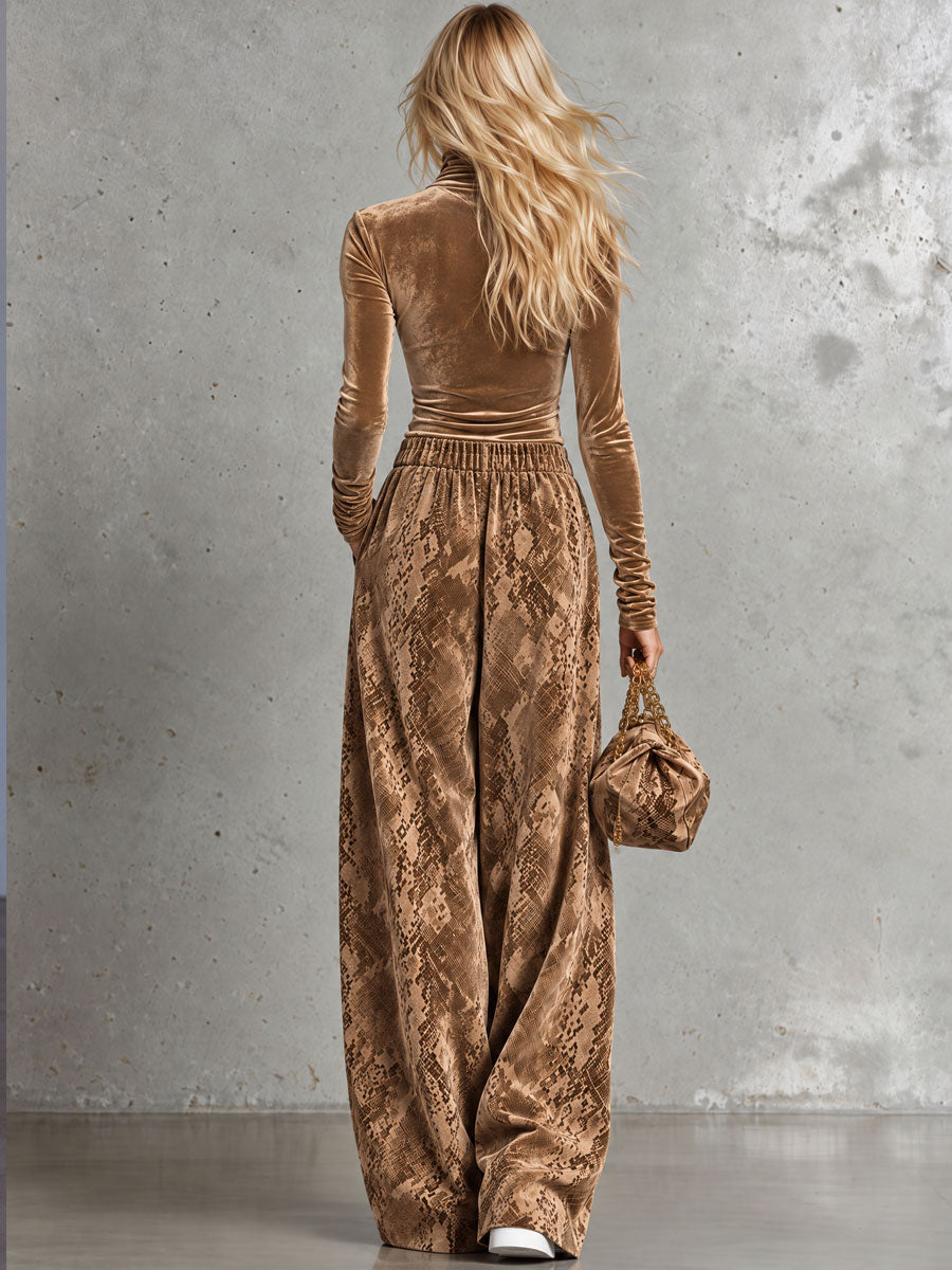Retro-elegant Brown Turtleneck Velvet Top And Snakeskin Print Trousers Set