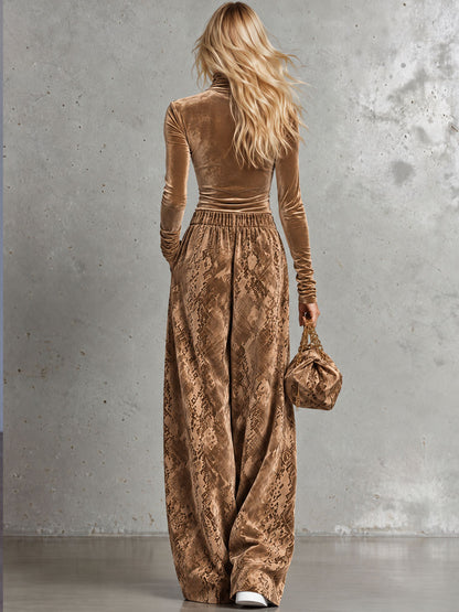 Retro-elegant Brown Turtleneck Velvet Top And Snakeskin Print Trousers Set