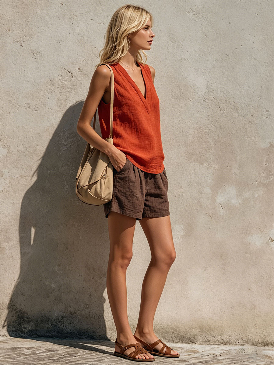 Retro Casual Orange Sleeveless V-neck Cotton Linen Top And Brown Shorts Set