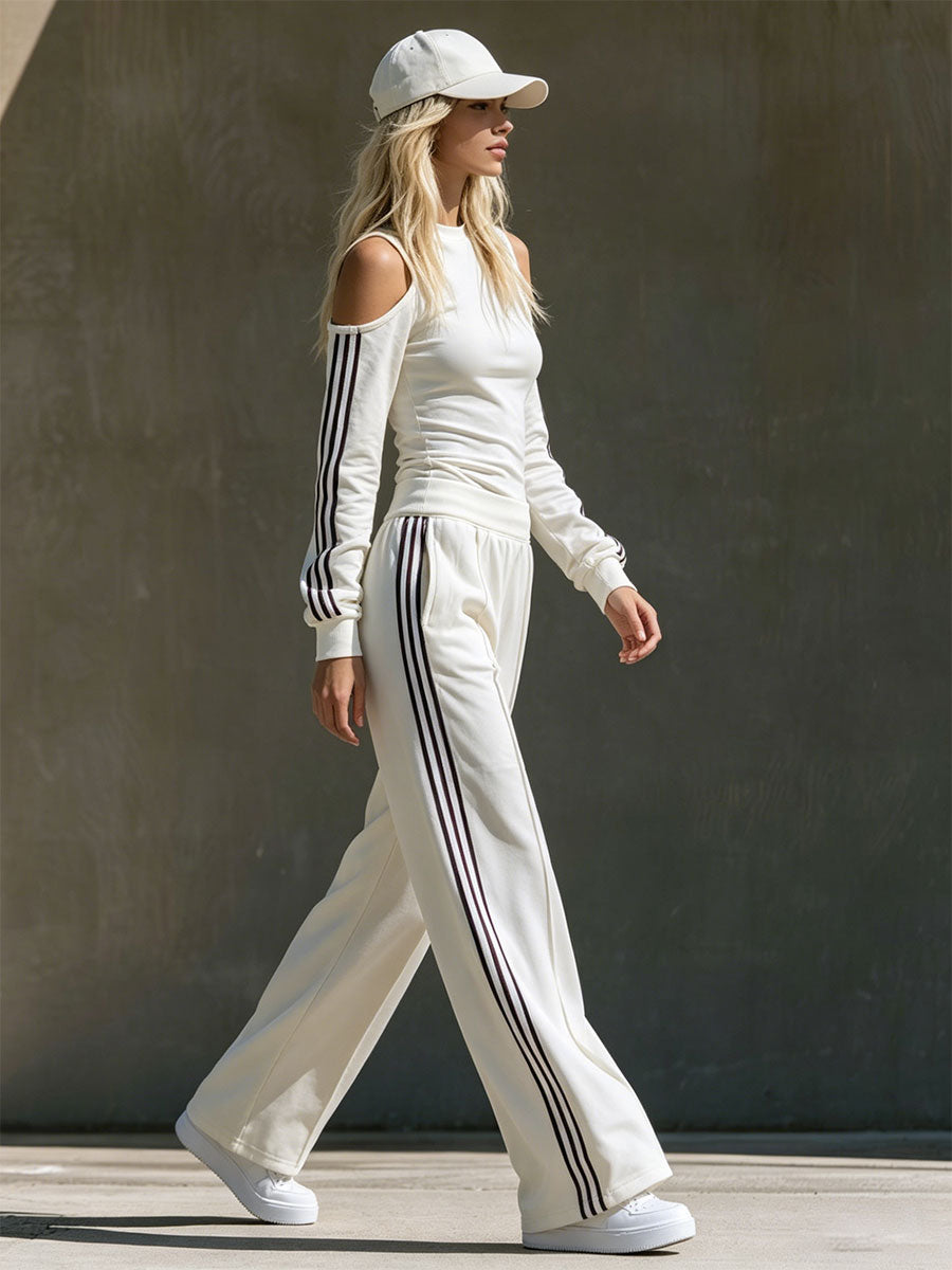 Retro Sporty Color-blocked Webbing White Cotton T-shirt And Trousers Set