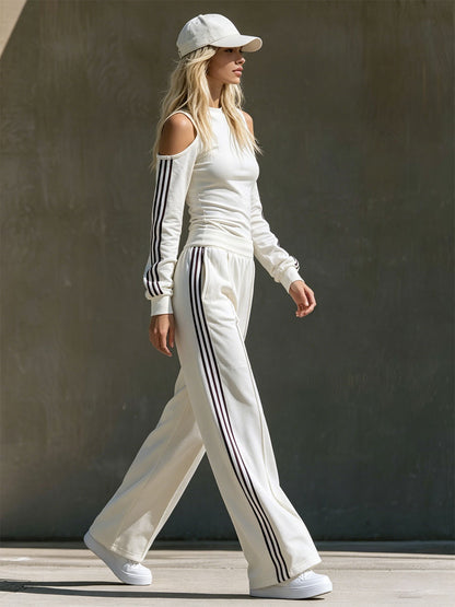 Retro Sporty Color-blocked Webbing White Cotton T-shirt And Trousers Set