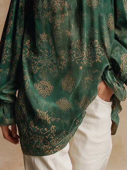 Vintage And Elegant Printed Green Faux Suede Off-the-shoulder Long-sleeved Shirt