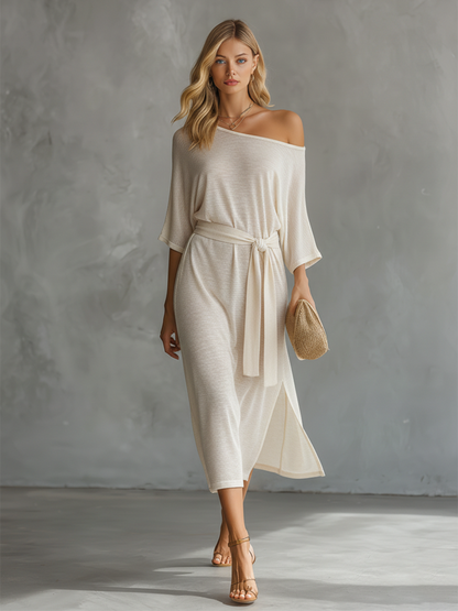 Lazy And Elegant Off-shoulder Short-sleeved Slit Midi Dress