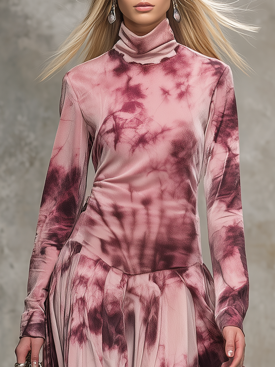 Retro Tie-dye Print High-neck Faux Suede Maxi Dress