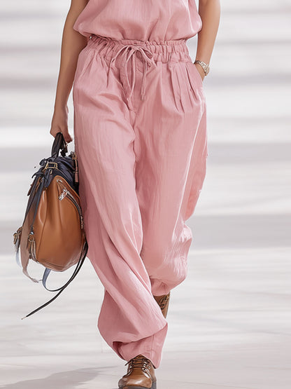 Pink High-neck Sleeveless Top And Trousers Cotton And Linen Set
