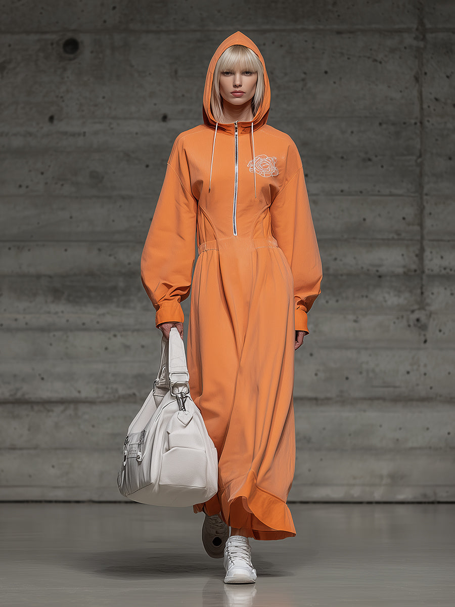 Casual Orange Hooded Zip-up Maxi Dress With Rose Embroidery