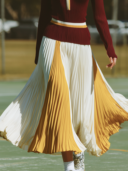 Trendy Sporty Burgundy Knit Top With Yellow And White Color-blocked Pleated Skirt Set