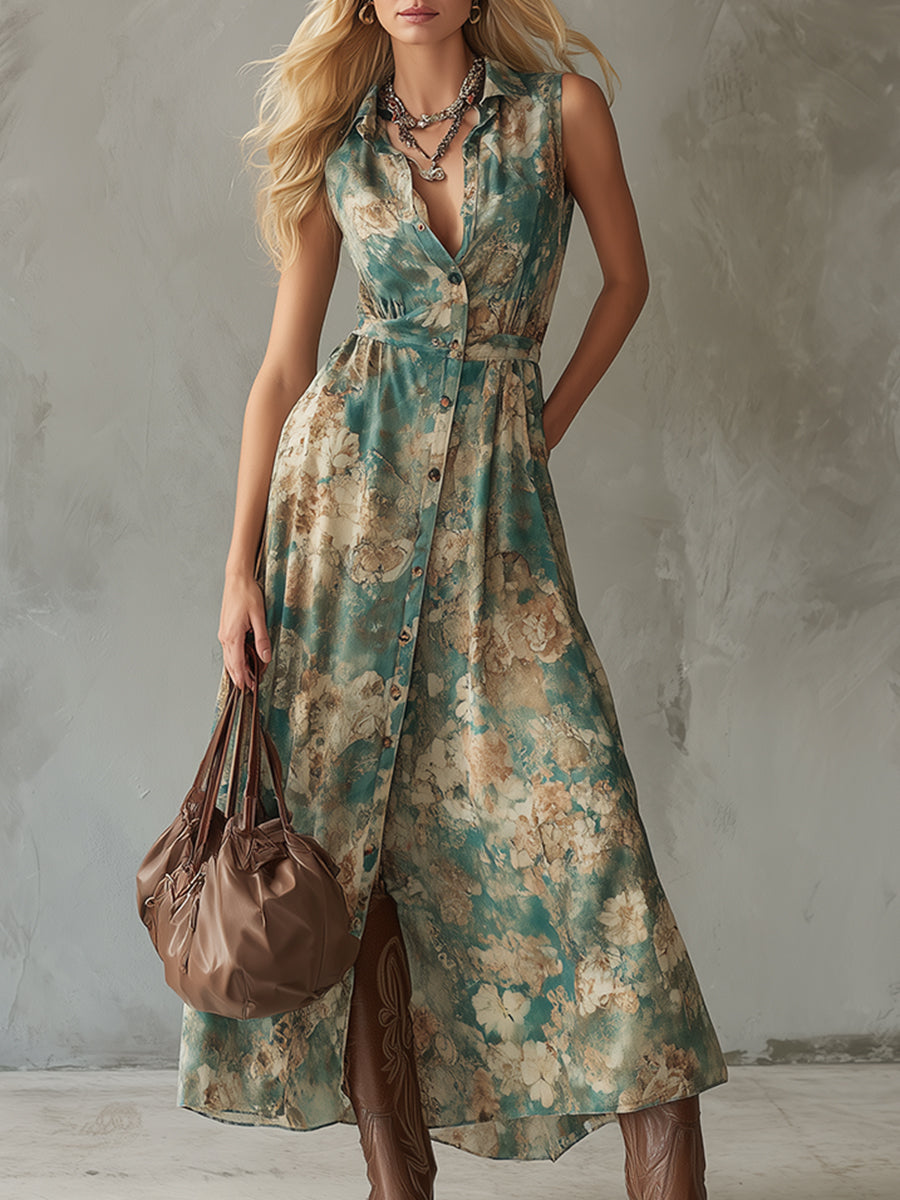 Retro Western-style Green Floral Print Chiffon Collared Sleeveless Maxi Dress