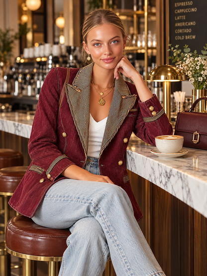 Burgundy Double Breasted Blazer With Striped Lapels