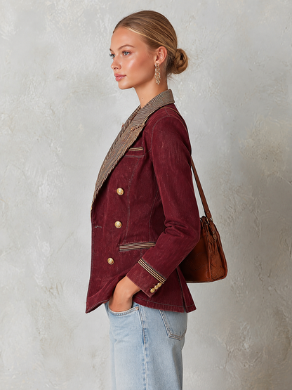 Burgundy Double Breasted Blazer With Striped Lapels