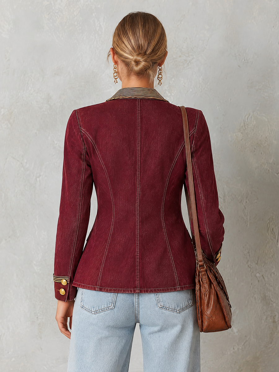 Burgundy Double Breasted Blazer With Striped Lapels