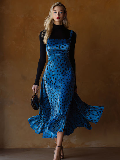 Stylish Retro Black Polka Dot And Blue Velvet Strappy Midi Dress