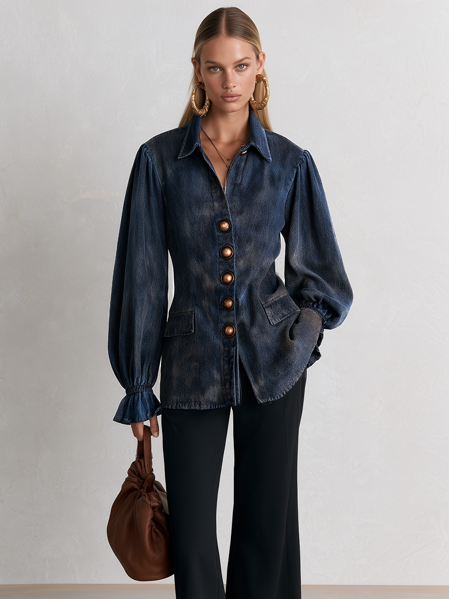 Navy Balloon Sleeve Denim Blouse Jacket