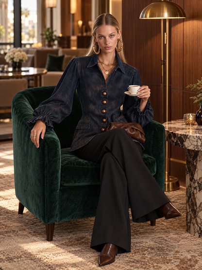Navy Balloon Sleeve Denim Blouse Jacket