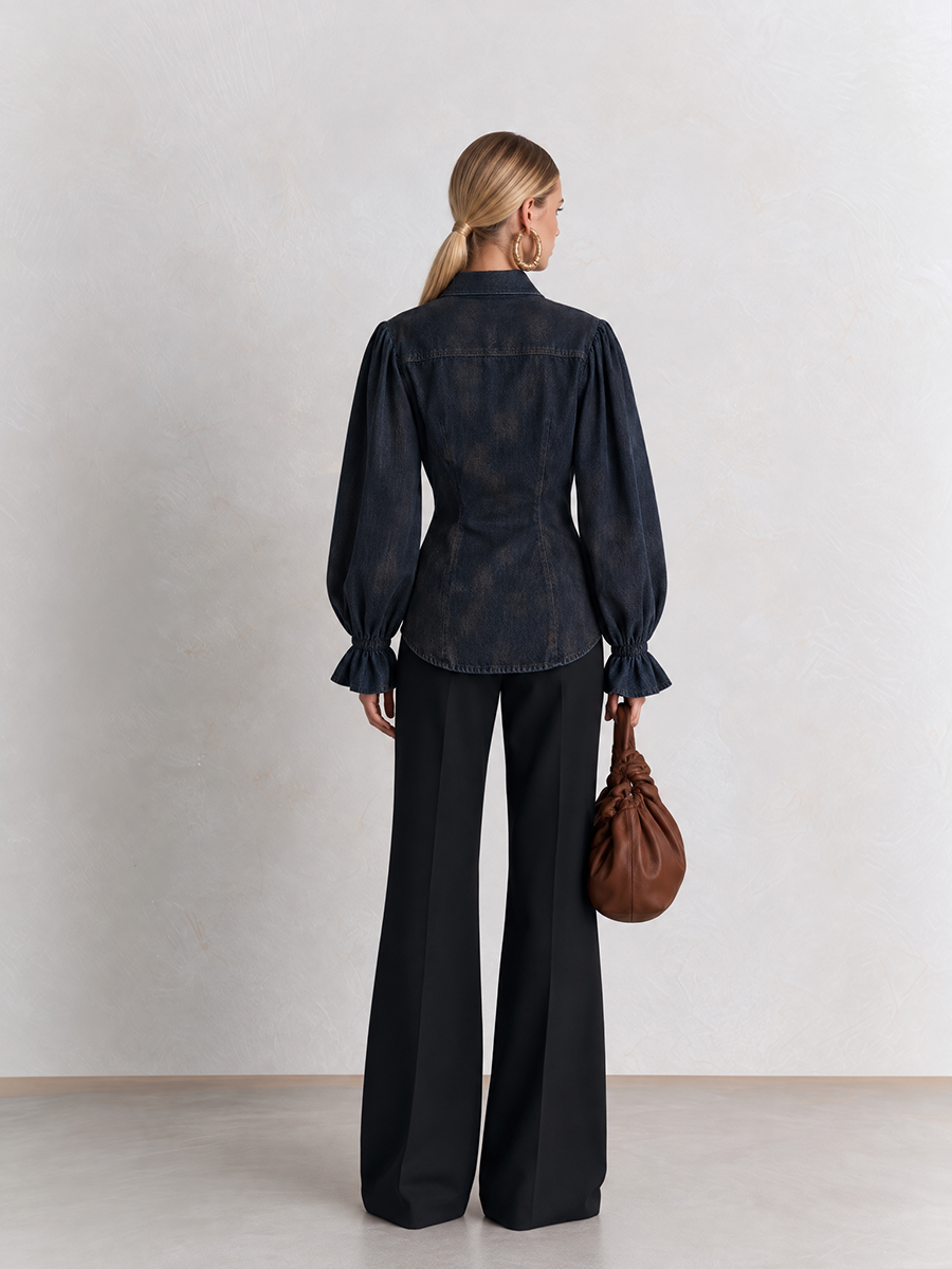 Navy Balloon Sleeve Denim Blouse Jacket
